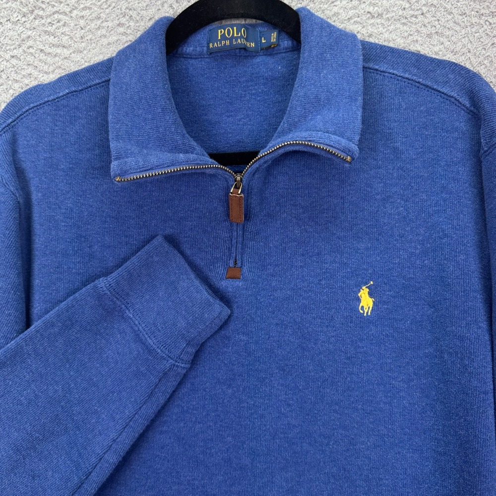 Polo Ralph Lauren Sweater Mens L Blue Cotton Zip Pullover Preppy Old Money